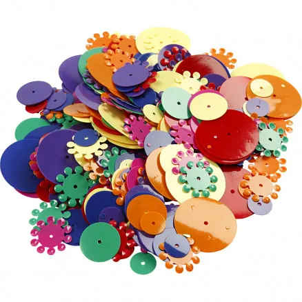 Paljetter, mix av färger, runda, storlek 10–25 mm, 250 g/ 1 förp.